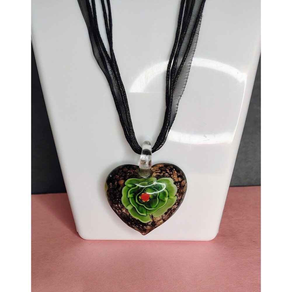 Heart Pendant Necklace Black Ribbon Cord Green Rose Flower Boho Jewelry Gift Red